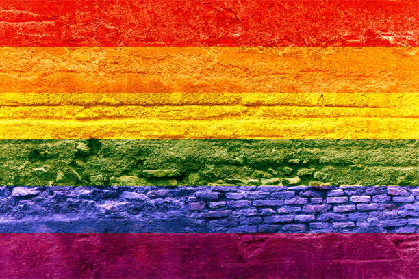 istock Gay flag painted on a brick wall, Rainbow background 1207521930