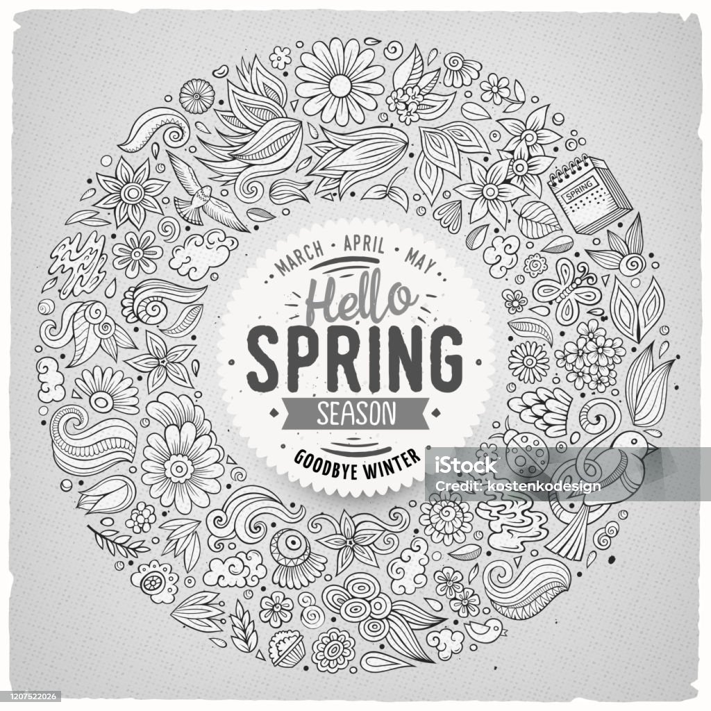 Spring Objects Line Drawing Line Art Vector Hand Drawn Set Of Spring Cartoon Doodle Objects Stock ...