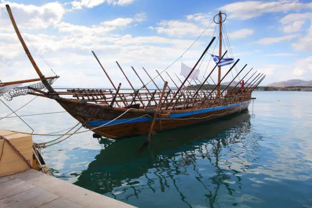 Argo (Argus) ship, the ship on which Jason and the Argonauts sailed from Iolcos to Colchis to retrieve the Golden Fleece, used in TV mini-series Jason and the Argonauts (2000), today in Volos harbor, Pelion peninsula, Greece