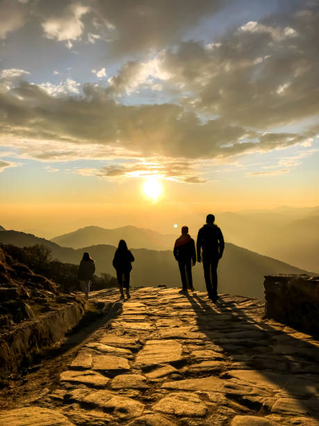 Sunset view and shadow click during trekking adventure mountain view chopta Uttarakhand india