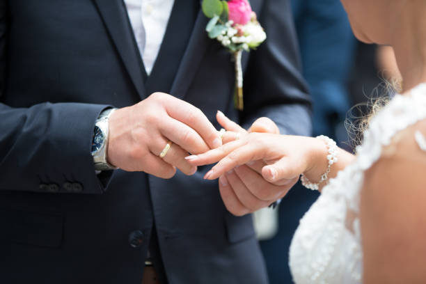 istock A bridal couple exchanges the wedding rings with each other 1207526130