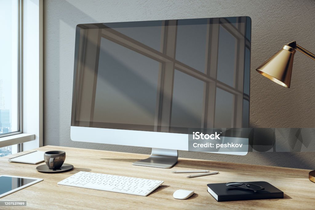 Empty Computer Design Stylish Designer Desktop With Empty Computer Stock Photo - Download ...