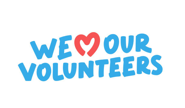 ilustraciones, imágenes clip art, dibujos animados e iconos de stock de amamos a los voluntarios. pancarta de letras vectoriales. - volunteer