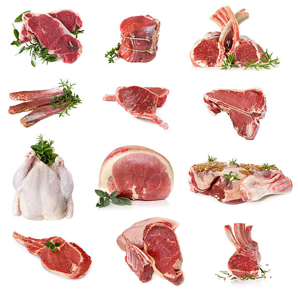 istock Raw cuts of meat displayed on white background 120753613