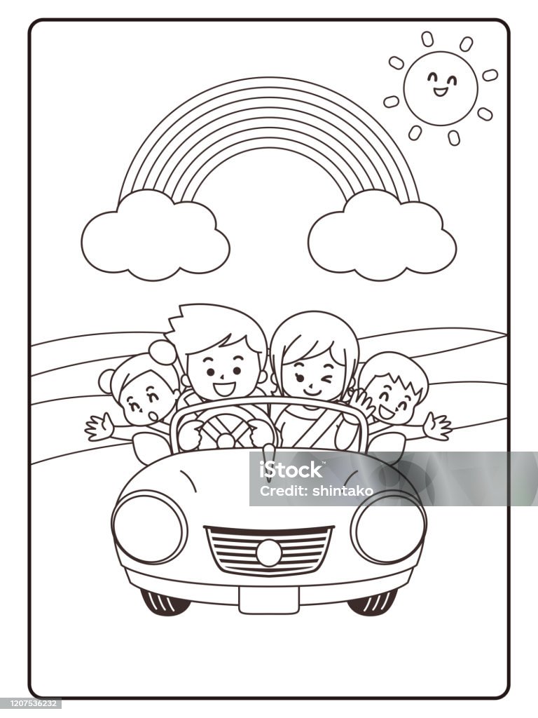 Drive with family. Coloring book - Royalty-free Página de livro de colorir - Técnica de ilustração arte vetorial