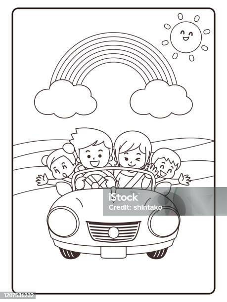 Drive With Family Coloring Book - Arte vetorial de stock e mais imagens de Página de livro de colorir - Técnica de ilustração - Página de livro de colorir - Técnica de ilustração, Arco-Íris, Colorir