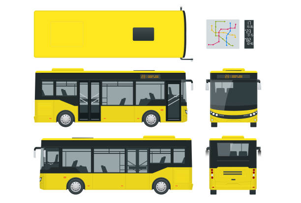 пассажирский городской автобус для брендинга идентичности и рекламного дизайна на транспорте. пустой вид на автобус, спереди, сзади и свер� - front passenger seat stock illustrations