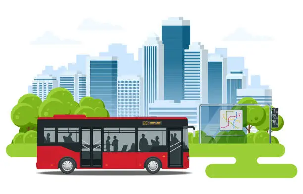 Vector illustration of Red City Bus at a bus stop. People get in and out of the bus. Public transport with driver and people.