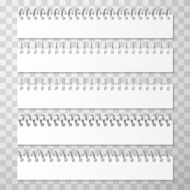 Set of metal or plastic spiral coil, comb or wire bindings Spirals for notepads or writing pads. Bundle of metal or plastic coil, comb or wire bindings for stationery, office supplies, paper documents. Set of bookbinders. Modern realistic vector illustration. book binding illustrations stock illustrations