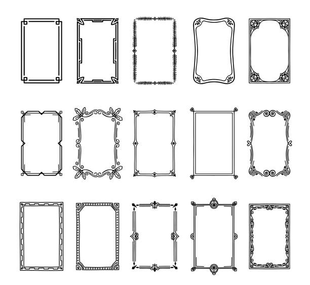 Set of vintage frames or decorative rectangular borders Vintage frames isolated on white background. Set of decorative rectangular borders. Collection of ornamental design elements in art deco, baroque and victorian style. Monochrome vector illustration. tracery stock illustrations