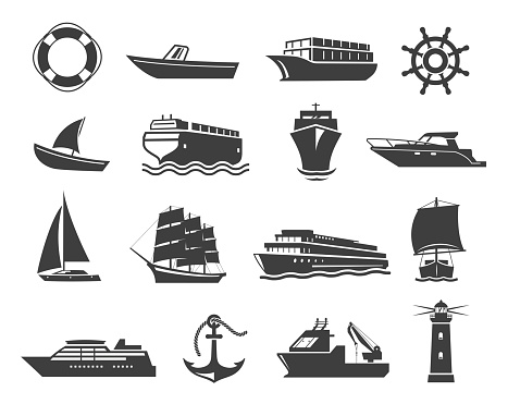 Ships or marine vessel icons. Collection of maritime transportation and seafaring symbols or signs - cruise yacht, trawler, lifebuoy, sailboat, anchor, lighthouse. Monochrome vector illustration.