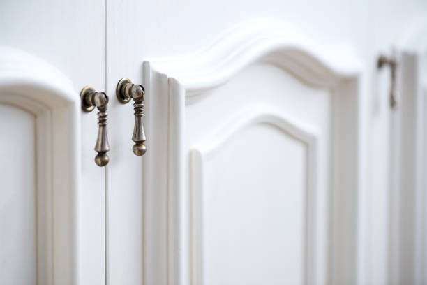 Detail of vintage white cabinet - selective focus, copy space