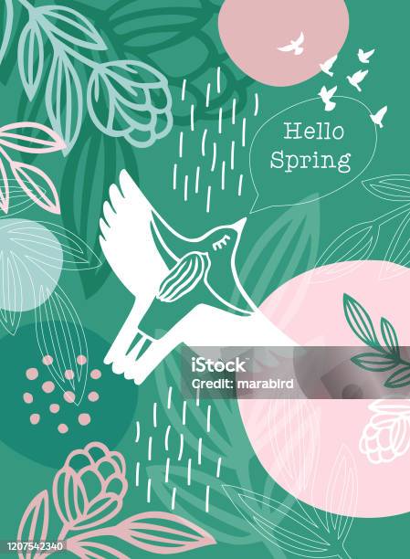 Hello Spring Message White Bird Woman Stock Illustration - Download Image Now - Springtime, Bird, Flower