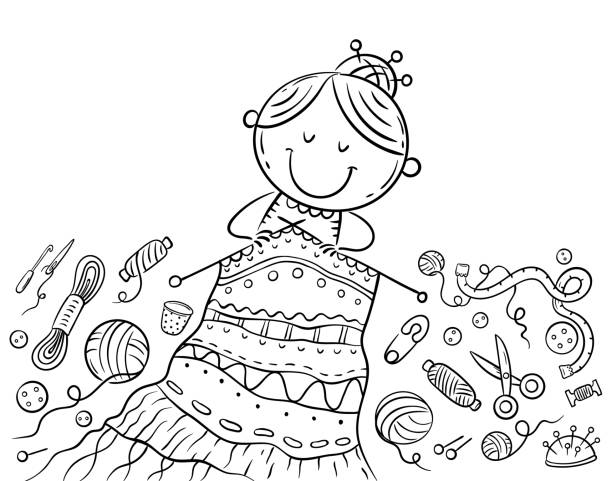 babcia dziewiarska, crafting lub ręcznie robiona koncepcja, kolorowanka, ilustracja z kreskówek - wool scarf backgrounds knitting stock illustrations