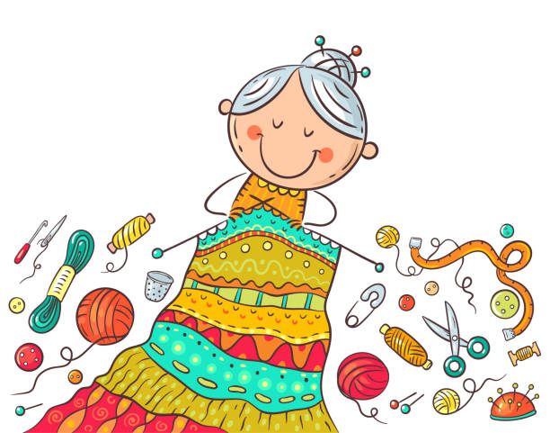 babcia dziewiarska, crafting lub ręcznie robiona koncepcja, ilustracja z kreskówek - wool scarf backgrounds knitting stock illustrations