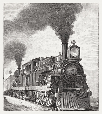 American steam locomotive on the railway line between Mexico City and Tampico at the end of the 19th century. The double locomotive was created by American engineer F.W. Johnston especially for the extreme incline conditions of the Mexican Central Railway. Wood engraving, published in 1895.