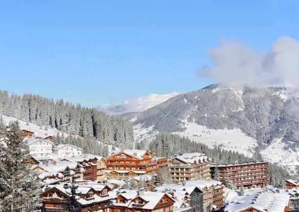 View of Courchevel ski resort village by winter