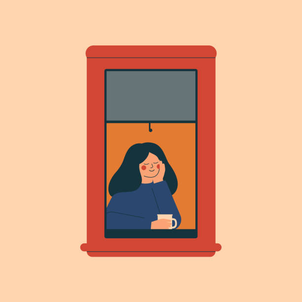 ilustrações de stock, clip art, desenhos animados e ícones de a young woman with a mug in her hands dreamy looks out the window at the evening. - coffee at home
