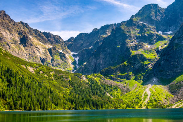 폴란드의 타트라 산맥 봉우리와 모르스키 오코 호수 - tatra mountains zakopane lake mountain 뉴스 사진 이미지