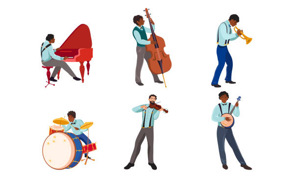 Set of jazz band musicians playing instruments vector illustration Set of isolated hand drawn jazz band with black and white women and men musicians playing instruments over white background vector illustration. Modern jazzmen concept man trumpet stock illustrations