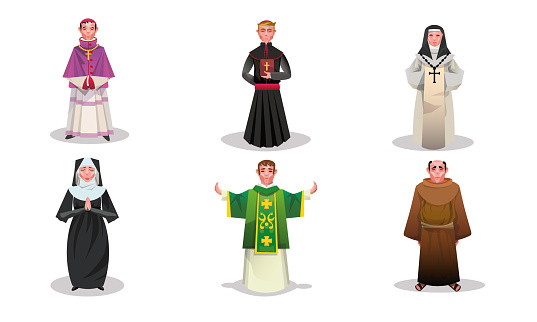 Set of isolated hand drawn catholic priests, monks and nuns characters in special religious clothing over white background vector illustration. Catholicism religious appearance concept