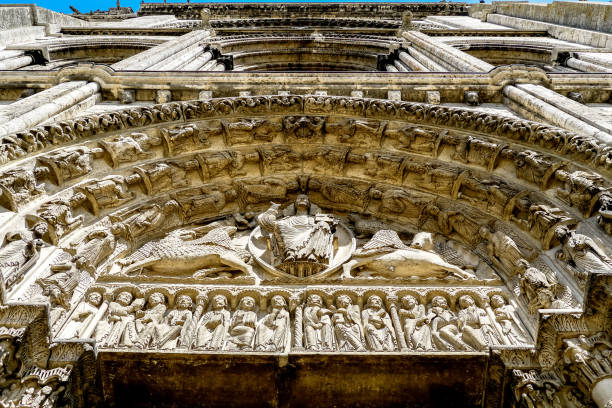 Chartres, Centre-Val de Loire / France - August 12th, 2009: Low angle of the mail entrance archivolts of the Cathedral of Chartres