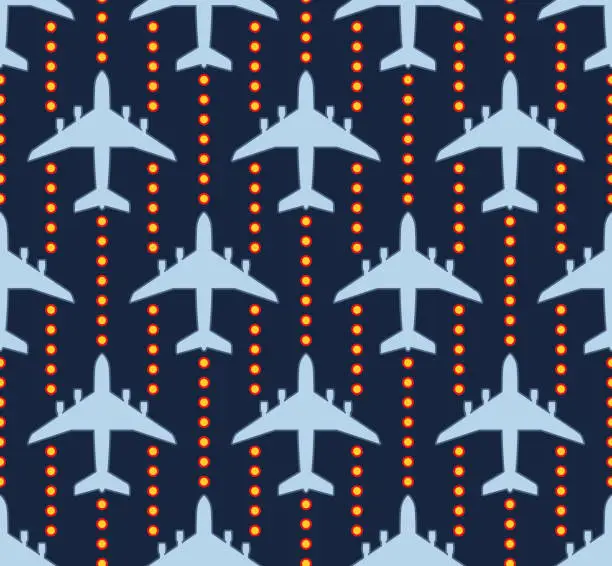 Vector illustration of seamless pattern with passenger airplanes over runway lights