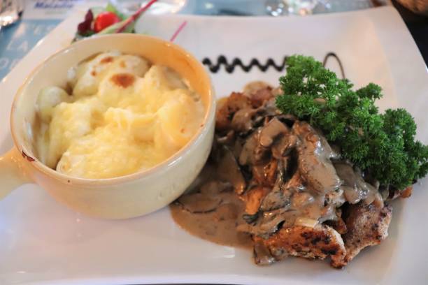 Chicken with morels and gratin dauphinois
