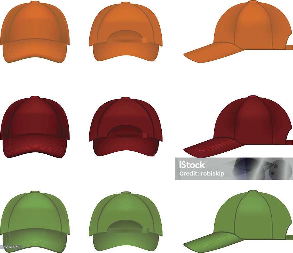 Set of colorful baseball caps Set of colorful baseball caps, collection includes orange, red and green hats. Baseball - Sport stock vector