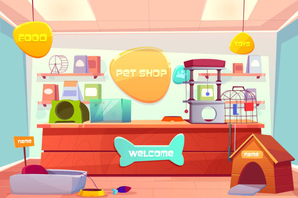 wnętrze sklepu zoologicznego, domowy sklep ze zwierzętami z biurkiem - domestic cat animals feeding pet food food stock illustrations