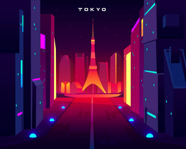 스카이트리 타워 전망의 도쿄 도심 밤 스카이라인 - tokyo prefecture night tokyo tower skyline stock illustrations