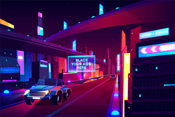 istock Night city road with moving cars banner, speedway 1207558810