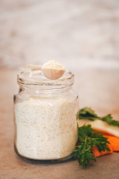 Ready made mix of dried vegetables and spices in jar. Selective focus, copy space