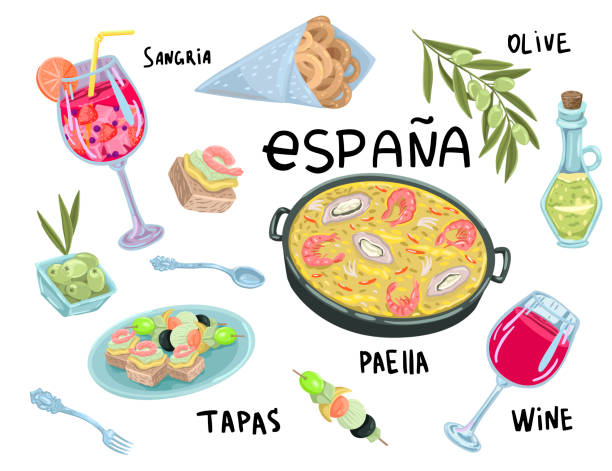 Set of spanish food and drink. Tapas and wine. Vector hand drawing Paella, olive oil, wine glass of sangria and wine, tapas. Seafood food recipes. Street food, cafe menu. Lettering and illustrations in cartoon flat style. spanish food stock illustrations