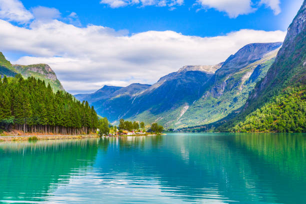 Norway fjord and glacier landscape Norwegian landscape with Nordfjord fjord, mountains, forest and glacier in Olden, Norway more og romsdal county stock pictures, royalty-free photos & images