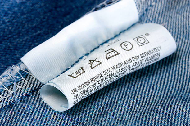 Label clothes - Laundry advice care symbols description , jeans blue background