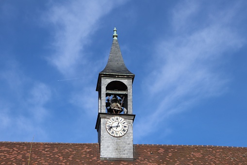 Morestel, France: Church and Clock Tower, Surrounding Village Rooftops