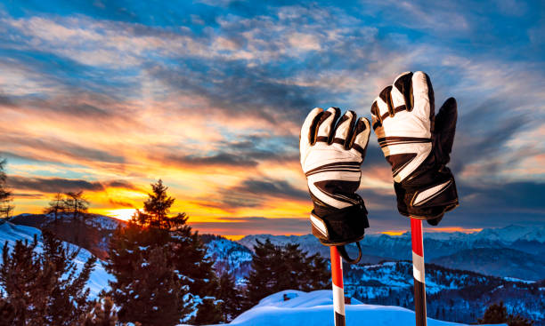guantes de esquí al atardecer - snowboard non urban scene woods snowboarding fotografías e imágenes de stock