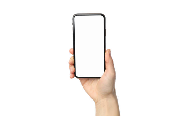 istock Female hand holding phone with empty screen, isolated on white background 1207565769