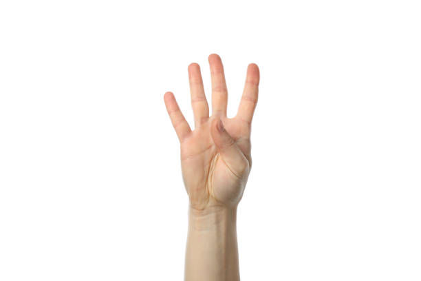 istock Female hand showing three fingers, isolated on white background 1207565874