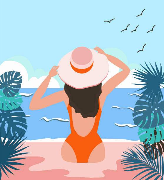 stockillustraties, clipart, cartoons en iconen met meisje in een zwempak en een hoed op het strand. zomerrust - sunbathing