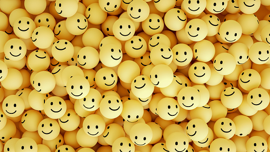 3d rendering of emoji with smiley face. large group of objects. yellow background.