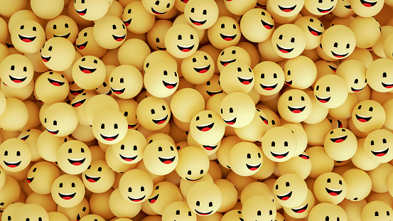 3d rendering of emoji with happy face. large group of objects. yellow background.