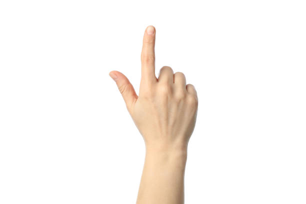 istock Female hand showing finger, isolated on white background.Gestures 1207567399