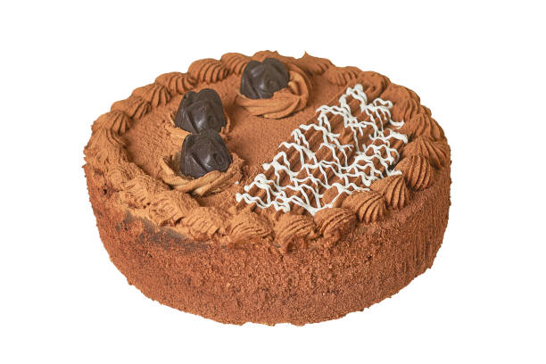 istock One brown creamy cake with chocolate roses isolated on white background without shadow. Close-up 1207574594