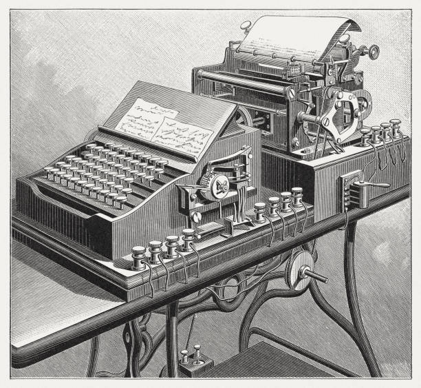 illustrazioni stock, clip art, cartoni animati e icone di tendenza di combinazione di macchina da scrivere e telegrafo, incisione su legno, pubblicata nel 1895 - germany illustration and painting engraving engraved image