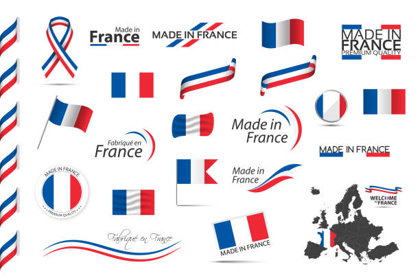 ilustrações de stock, clip art, desenhos animados e ícones de big set of french ribbons, symbols, icons and flags isolated on a white background, made in france, welcome to france, premium quality, french tricolor, set for your infographics and templates - france