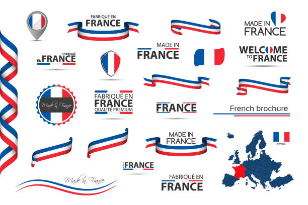 フランスのリボン、シンボル、アイコン、旗の大きなセットは、白い背景に隔離されました, フランスで作りました, フランスへようこそ, プレミアム品質, フランスのトリコロール, あなたの - banner ribbon frame label点のイラスト素材／クリップアート素材／マンガ素材／アイコン素材