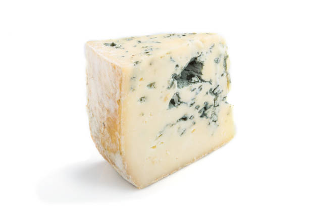 istock Piece of blue cheese isolated on white background. Side view, close up. 1207585818
