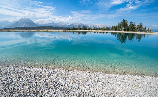 Mountain lake Speicherteich Gschwandtkopf, Seefeld, Tirol, Austria